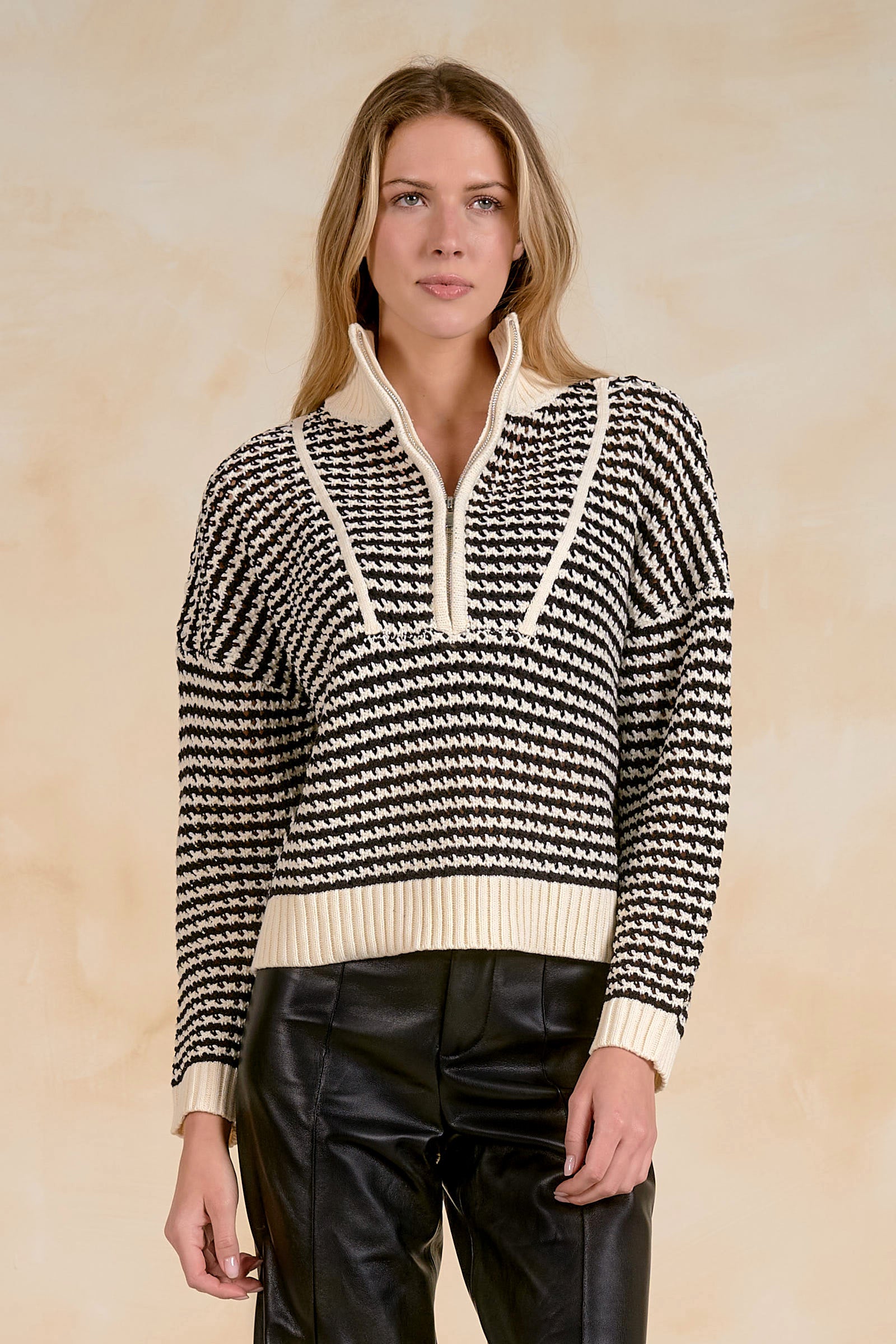 Coastal Breeze Open-Knit Quarter Zip Sweater