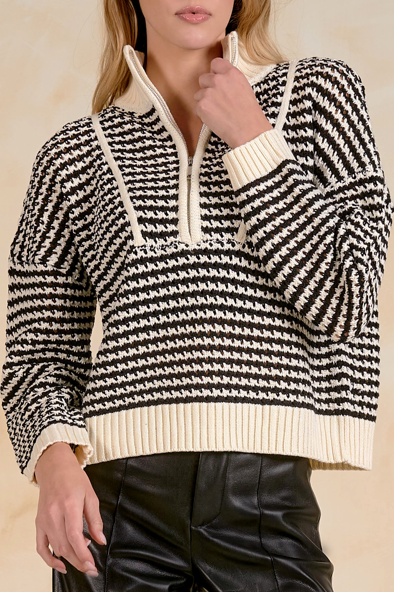 Coastal Breeze Open-Knit Quarter Zip Sweater