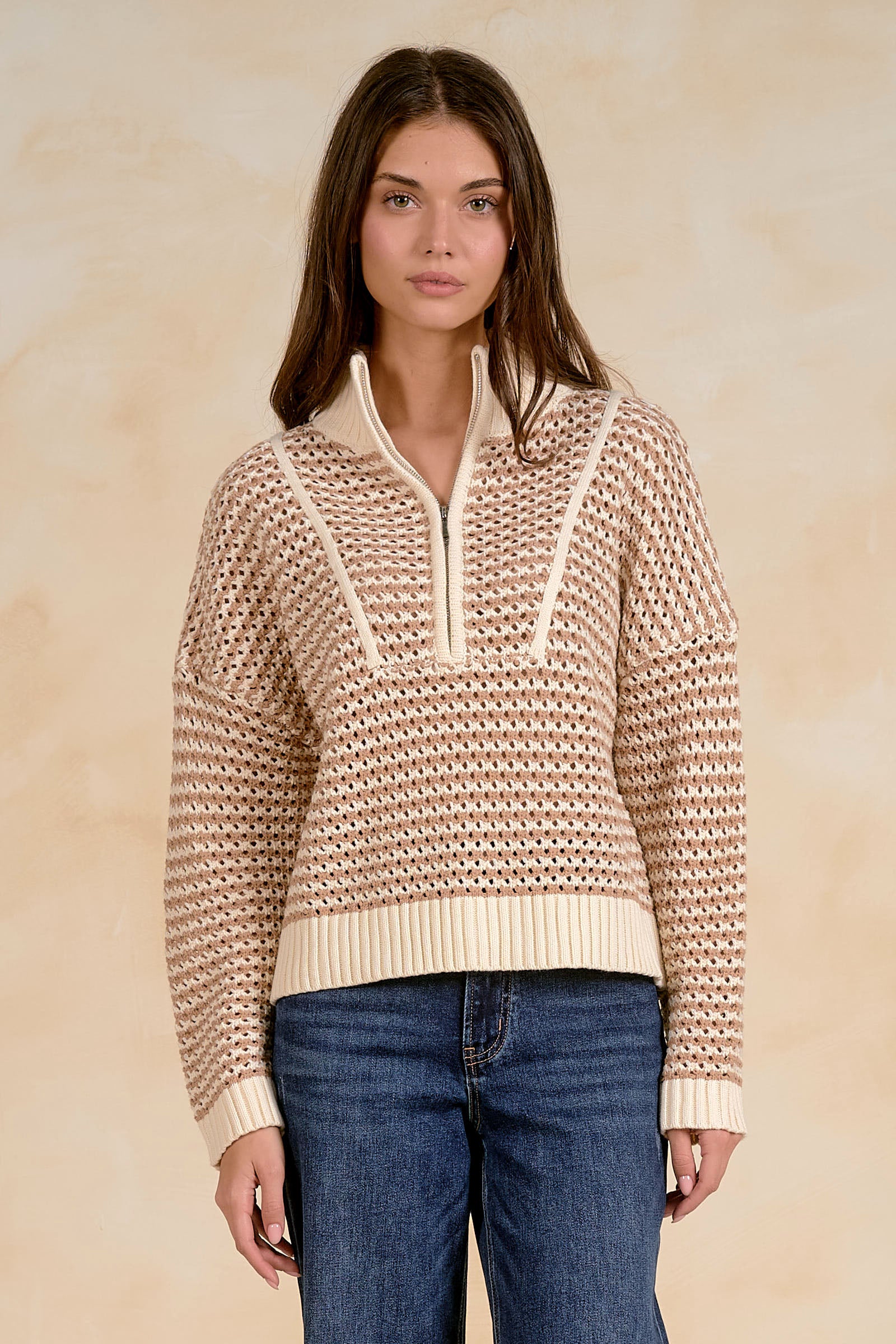 Coastal Breeze Open-Knit Quarter Zip Sweater